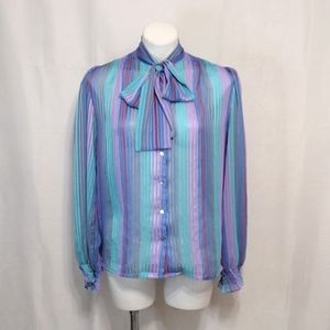 Vintage Galinda Wang La Chine 80s Striped Long Sleeve Blouse Top Colorful Sz 10